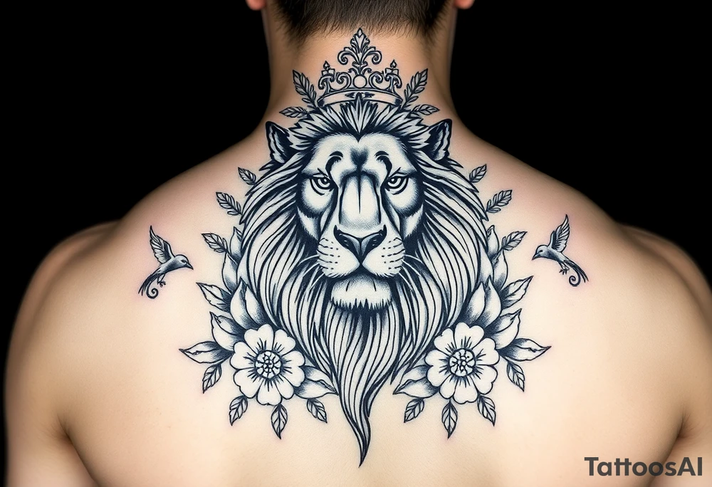 powerful majestic lion with a crown, surrounded by floral ornaments and birds tattoo idea