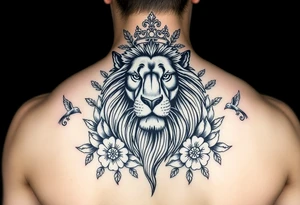 powerful majestic lion with a crown, surrounded by floral ornaments and birds tattoo idea