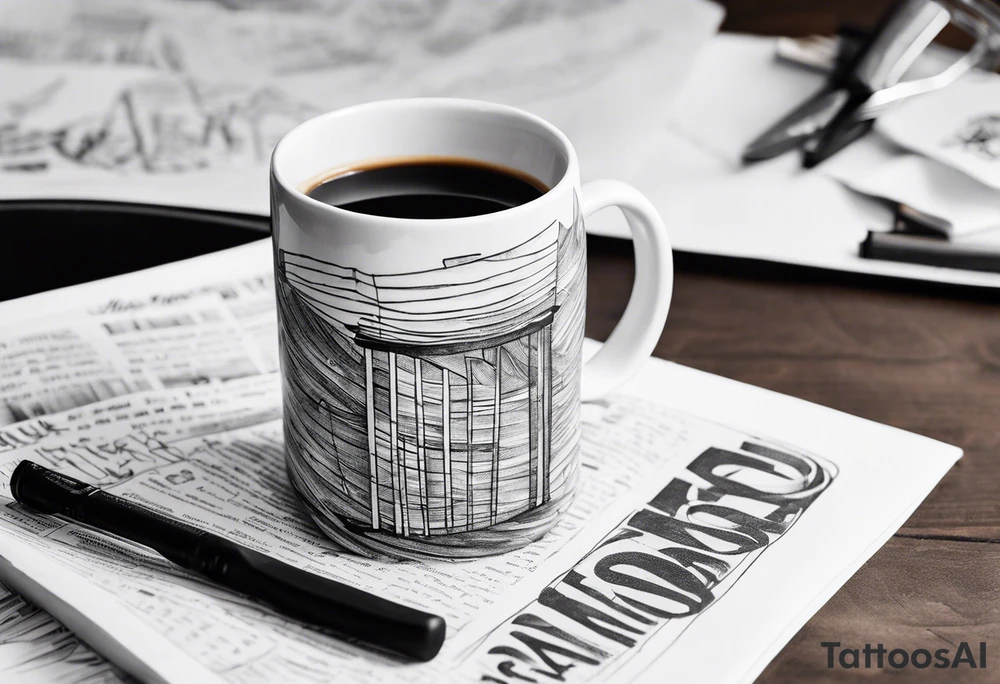 Cylindrical Coffee mug sitting on top of a folded newspaper, with a comb inside of the coffee mug tattoo idea