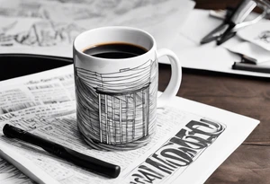 Cylindrical Coffee mug sitting on top of a folded newspaper, with a comb inside of the coffee mug tattoo idea