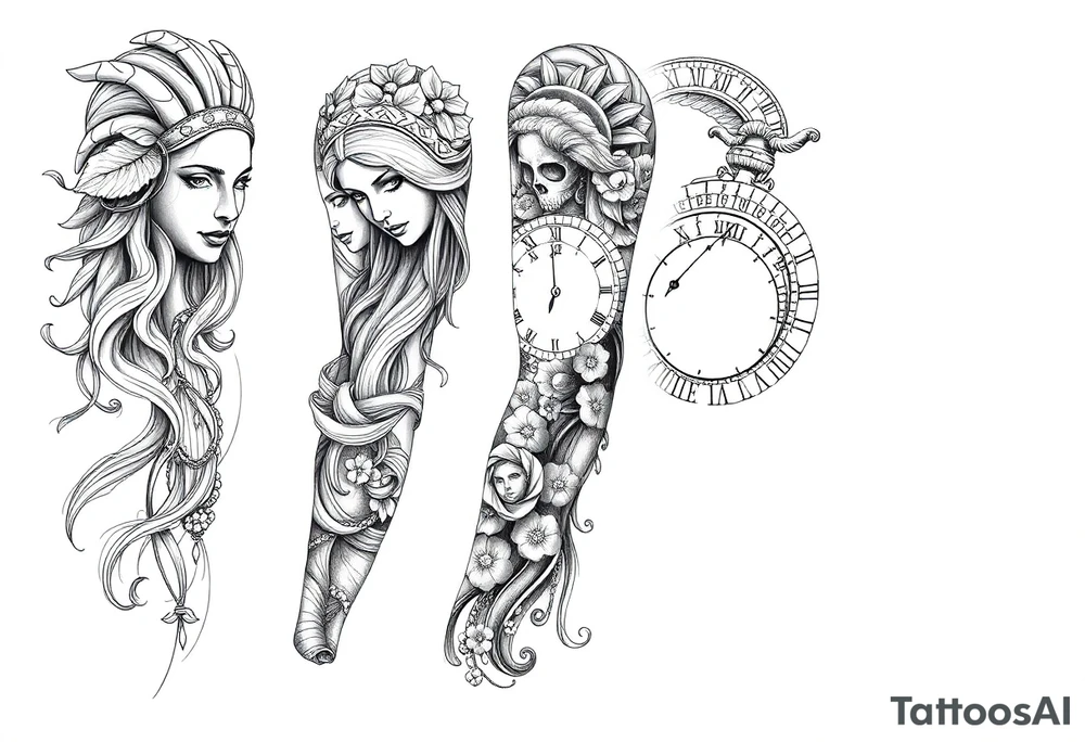 powerful Greek Goddess tattoo sleeve. add big pieces of greek goddess like medusa and Athena and add some piece in there of the weight scale and clocks and maybe little lettering in there. make it not super dark work use Pinterest inspiration. tattoo idea
