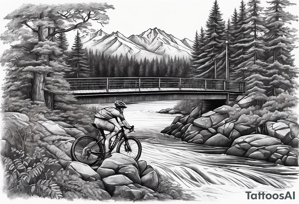 Gravel bike, going down mountain in-between trees, over a bridge with a river and some birds in the background tattoo idea