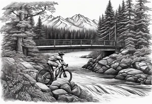 Gravel bike, going down mountain in-between trees, over a bridge with a river and some birds in the background tattoo idea