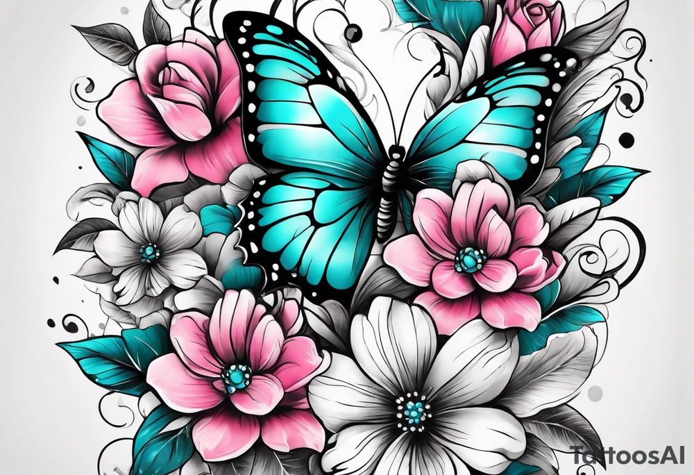 Female arm sleeve with pink, white, and teal flowers and butterflies tattoo idea