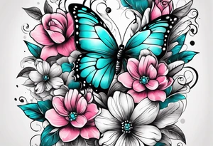 Female arm sleeve with pink, white, and teal flowers and butterflies tattoo idea