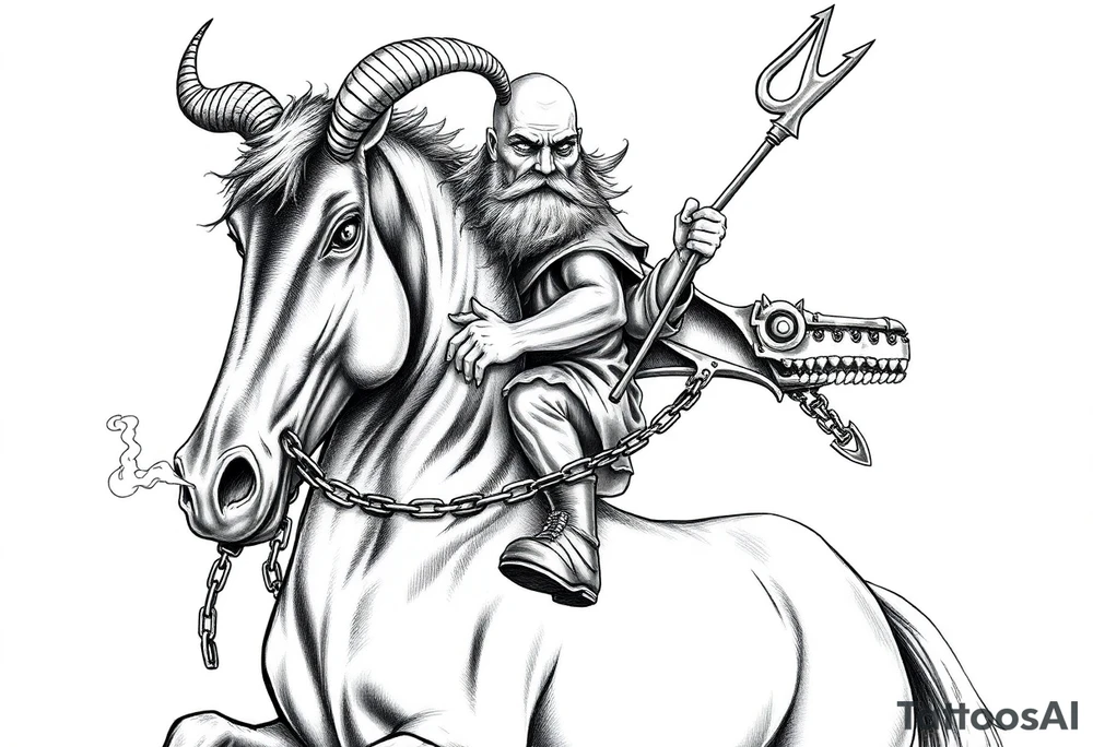 An insanely weird wild crazy man with the biggest eyes I’ve ever seen with a long beard and bald head and goat goats horns riding on the back of a Clydesdale horse holding the devils trident in 1 hand and the other hand holding a chain that’s around the horses neck hanging on as if his life dependent on it the horse having eyes bulging hot of its headsmoke coming out of the nose of the horse showing teeth like a t-rex tattoo idea