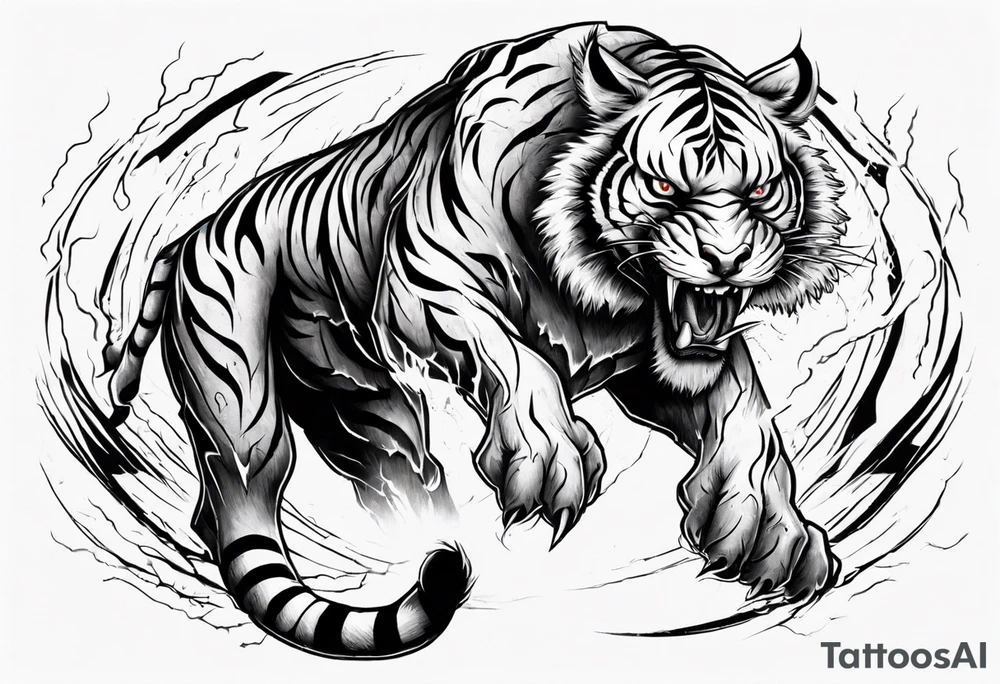 mythical ferocious tiger with lightning around it. The tattoo is for a forearm sleeve tattoo idea