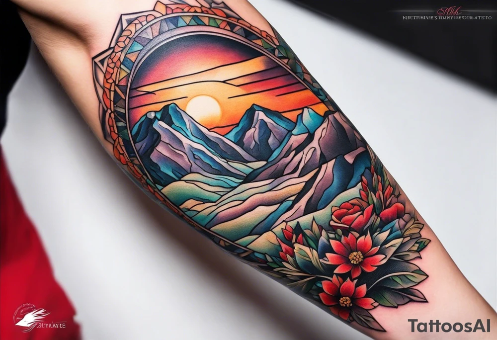 Forearm tattoo with southwest landscape and hikers tattoo idea