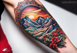 Forearm tattoo with southwest landscape and hikers tattoo idea