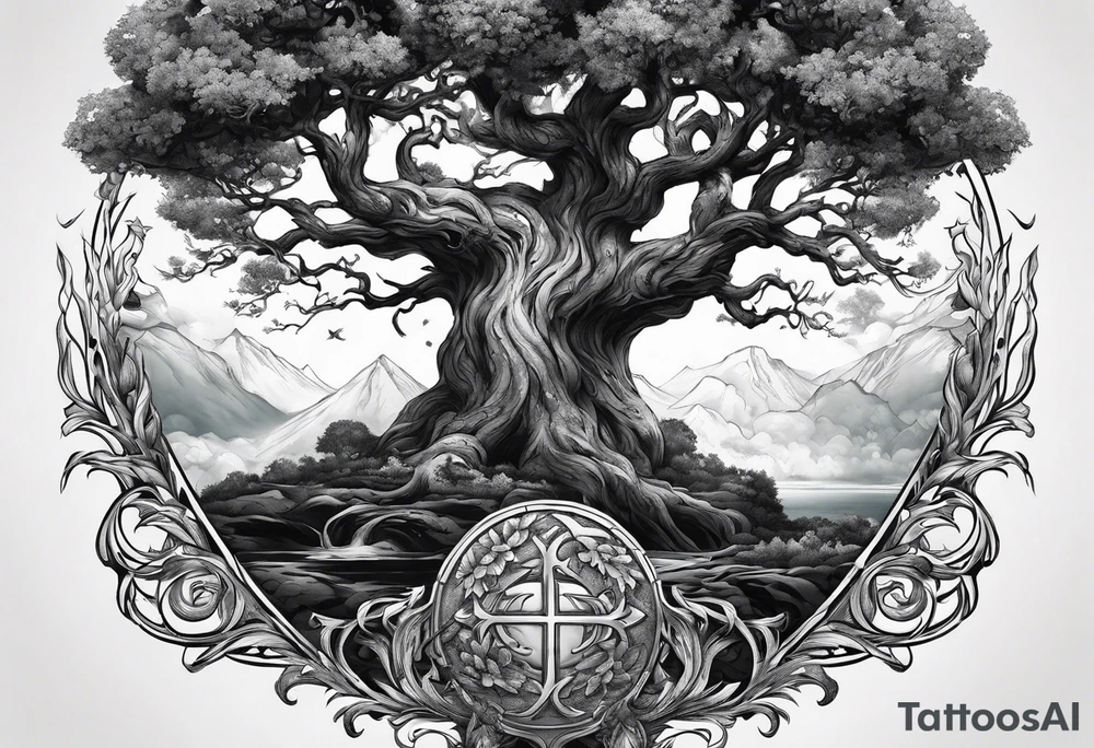 Yggdrasil growing around pisces sing and a long sword underneath tattoo idea