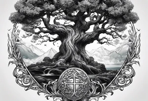 Yggdrasil growing around pisces sing and a long sword underneath tattoo idea