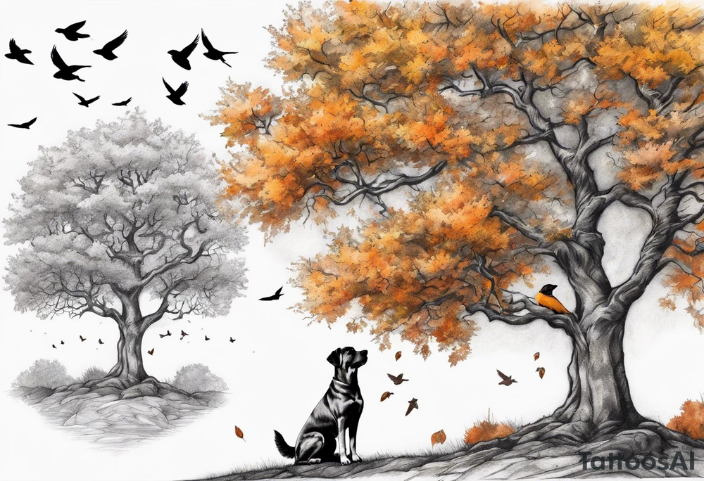 Autumn tree with a medium size grey brindle dog sitting under it and to the right facing it looking up and birds flying from the top right of the tree far view and full tree tattoo idea