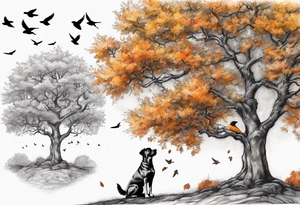 Autumn tree with a medium size grey brindle dog sitting under it and to the right facing it looking up and birds flying from the top right of the tree far view and full tree tattoo idea