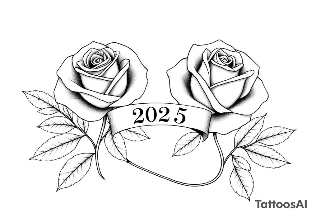 two beautiful large rose buds, one larger than the other, with many leaves next to the rose buds, with one sitting higher than the other. Include a banner connecting the two roses with "2025" on it.   Use dark outlines with little shading. The two stems should be short, not long, and connect and join into one stem, whimsically curved or twisted - not straight down. tattoo idea