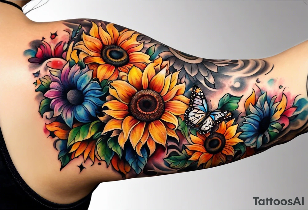 Memorial arm sleeve for mom with rainbow sunflowers and butterflies tattoo idea