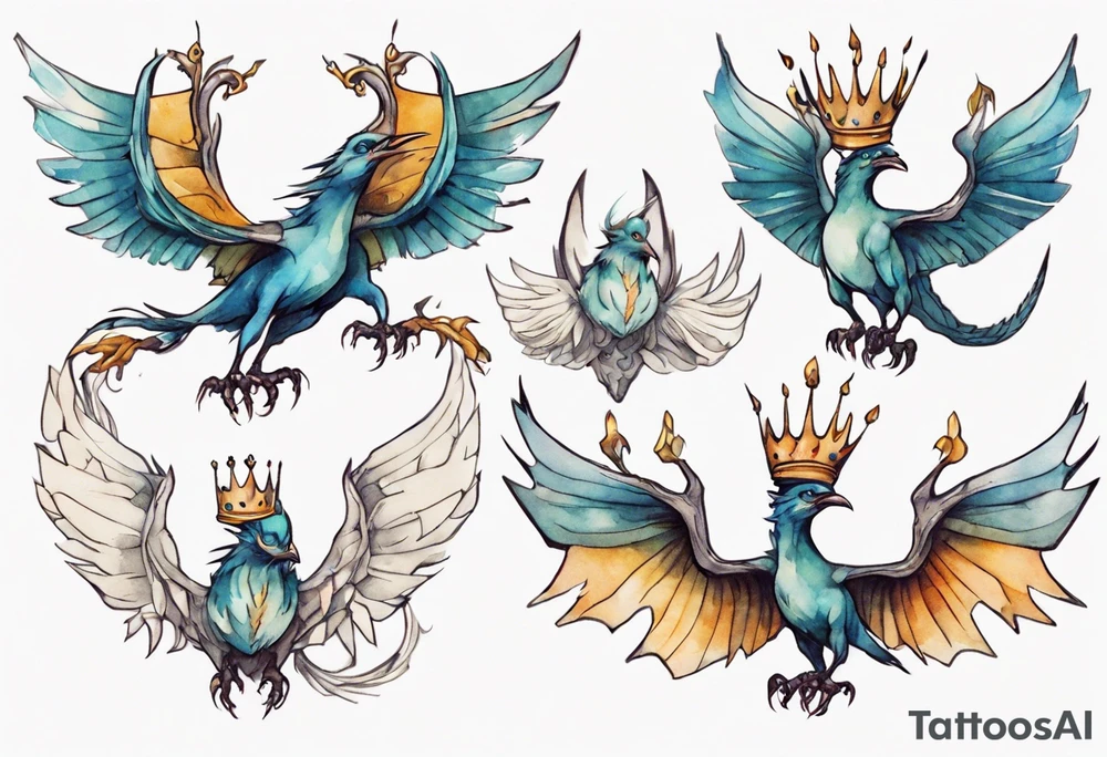 a bird-wyvern hybrid wearing a minimalist crown, flying tattoo idea