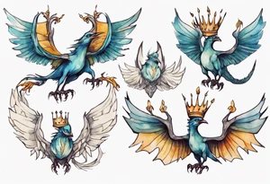 a bird-wyvern hybrid wearing a minimalist crown, flying tattoo idea