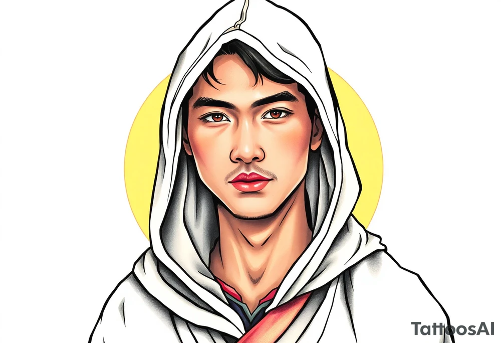 Handsome Asian young guy wearing a medieval robe with hood tattoo idea