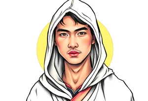 Handsome Asian young guy wearing a medieval robe with hood tattoo idea