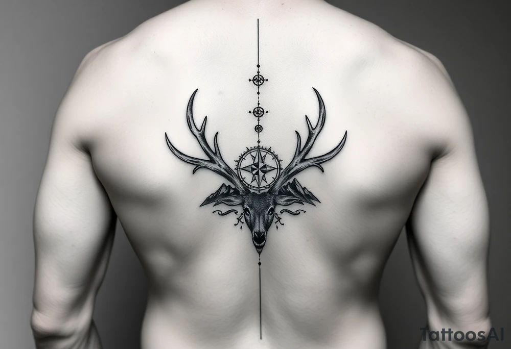 Long one line Spine tattoo 1 in wide by entire back long that goes vertically down your spine of elk and deer antlers intertwined , a compass, and mountains tattoo idea