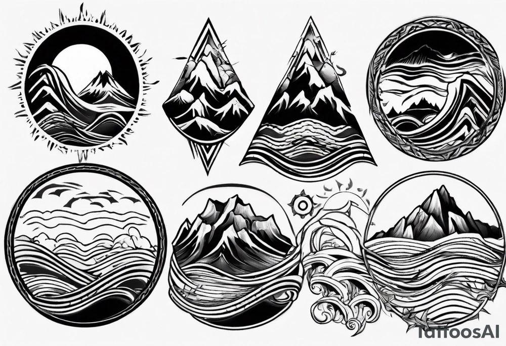 mountain with waves and sun tattoo idea