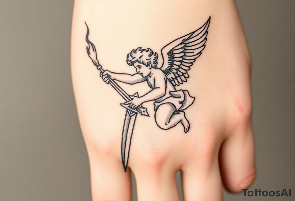 Cherub with flaming sword hand tattoo tattoo idea