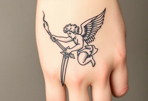 Cherub with flaming sword hand tattoo tattoo idea