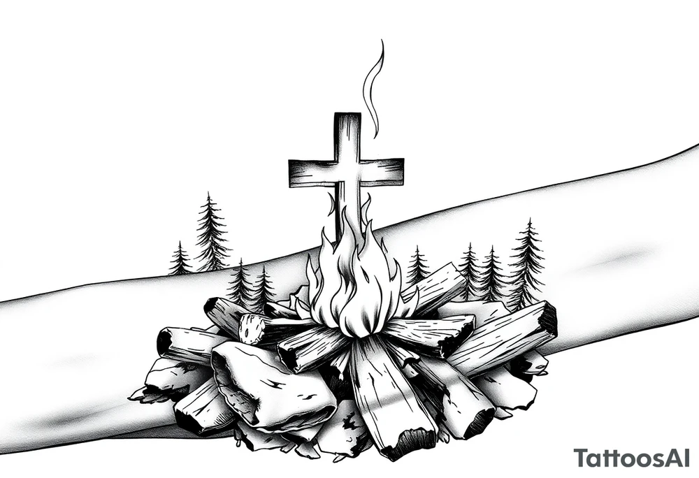Campfire with cross include the great outdoors and night sky make sure cross doesn't look like it is on fire tattoo idea