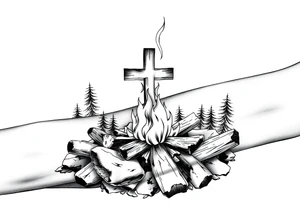 Campfire with cross include the great outdoors and night sky make sure cross doesn't look like it is on fire tattoo idea