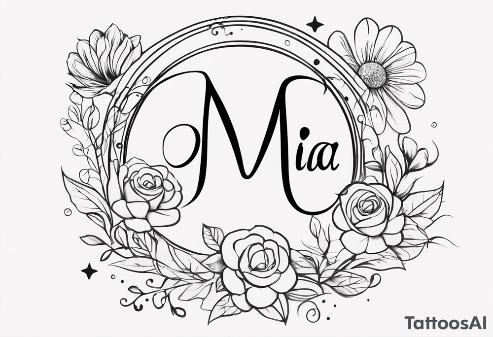 "Design a tattoo for my daughter Mia, born on June 28, 2011. Include her name 'Mia' and her birthdate '28-06-2011' in an elegant script or roman numerals. Surround the date with symbols of love, like a heart or infinity sign, and add elements like the moon and stars for her zodiac sign (Cancer) and a blooming flower to represent her growth. Blend the birthdate seamlessly into the design, perhaps as part of the stem of the flower or intertwined with the stars." tattoo idea