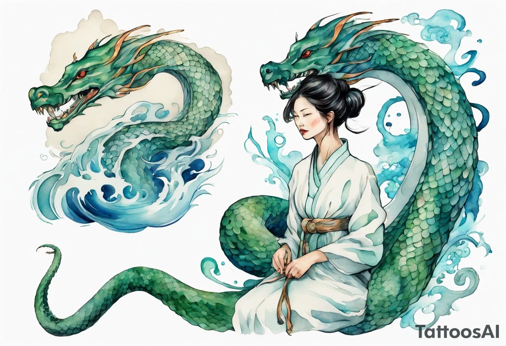 a sea serpent next to a women with blue-green in a white tunic tattoo idea