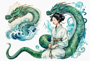 a sea serpent next to a women with blue-green in a white tunic tattoo idea