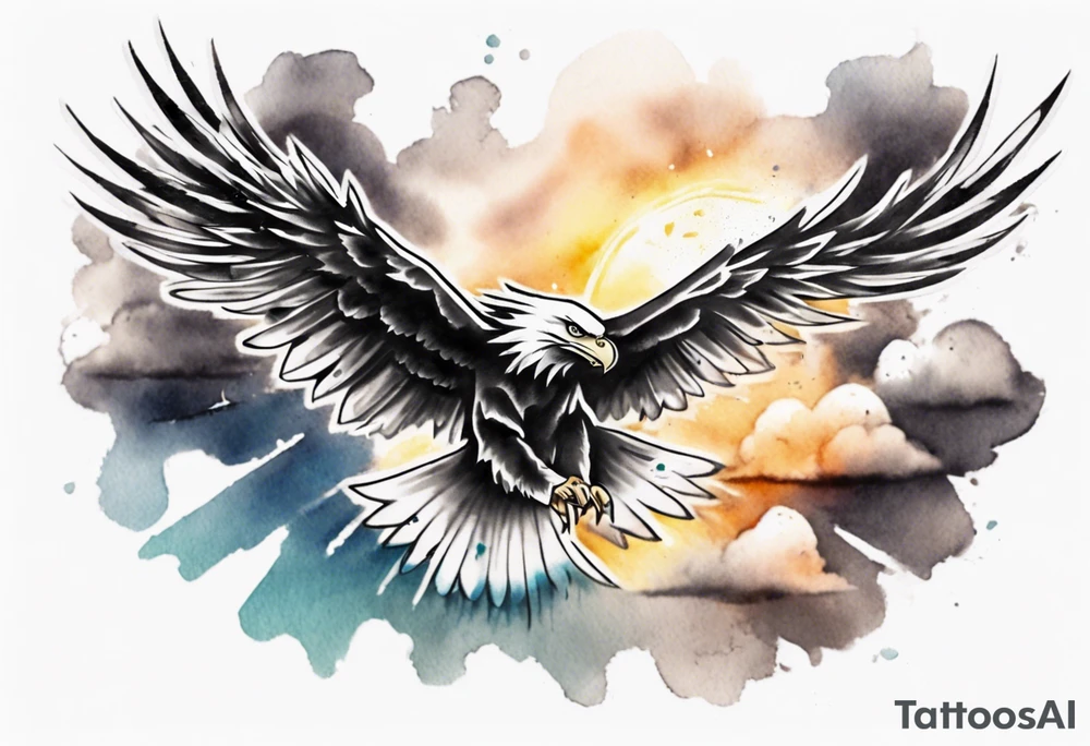a shoulder tattoo with lots of rays of light in gradient starting from the middle
, clouds and eagles flying free tattoo idea