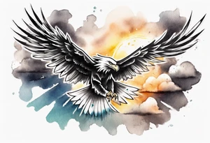 a shoulder tattoo with lots of rays of light in gradient starting from the middle
, clouds and eagles flying free tattoo idea