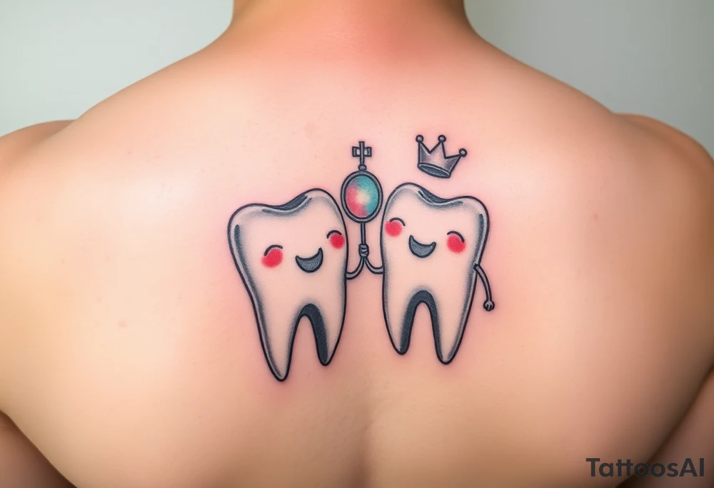 Two cute molar teeth holding hands, one wearing a tiny dentist’s mirror as a crown, pastel watercolor, soft and dreamy.” tattoo idea