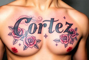 The name Cortez with roses and diamonds tattoo idea