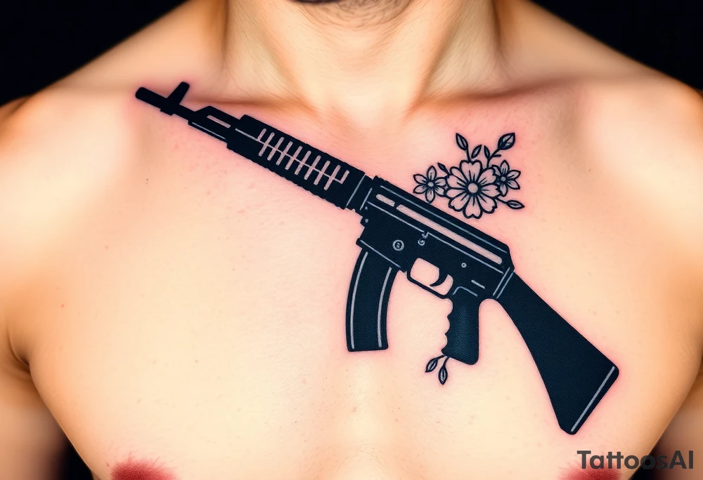 ak 47 black silhouette with floreal details tattoo idea