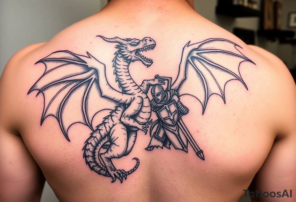 Powerful winged dragon fighting a knight tattoo idea
