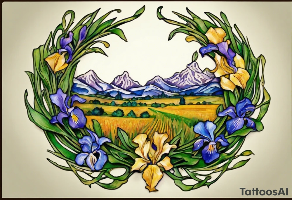 Create a small, colorful Vincent van Gogh Irises tattoo in the form of a crescent, with vines in Celtic knot style gracefully intertwining at a central point in the middle of the wreath. The intended placement is on the upper chest. The middle needs mountains. The overall design should be small in size while maintaining a delicate and artistic aesthetic. Pay attention to the graceful flow of the vines and the placement of the irises to achieve a refined and elegant look. tattoo idea