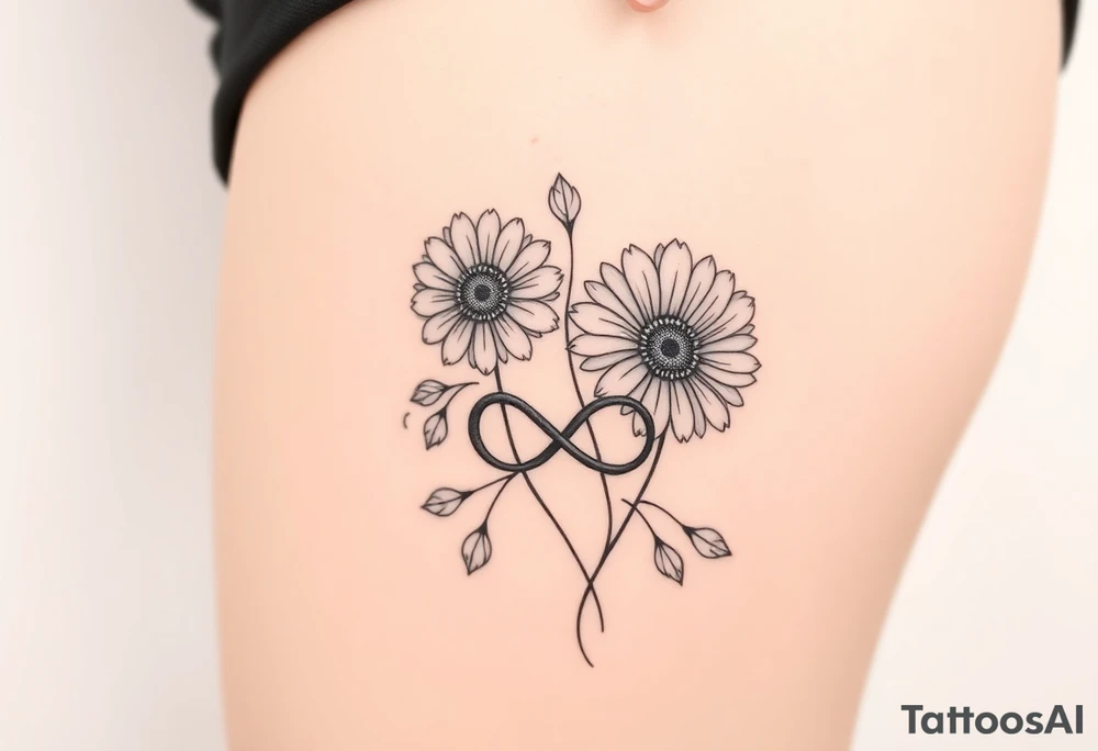 Fine line flower tattoo with gerbera daisies and infinity symbol tattoo idea