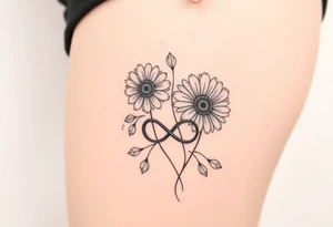 Fine line flower tattoo with gerbera daisies and infinity symbol tattoo idea