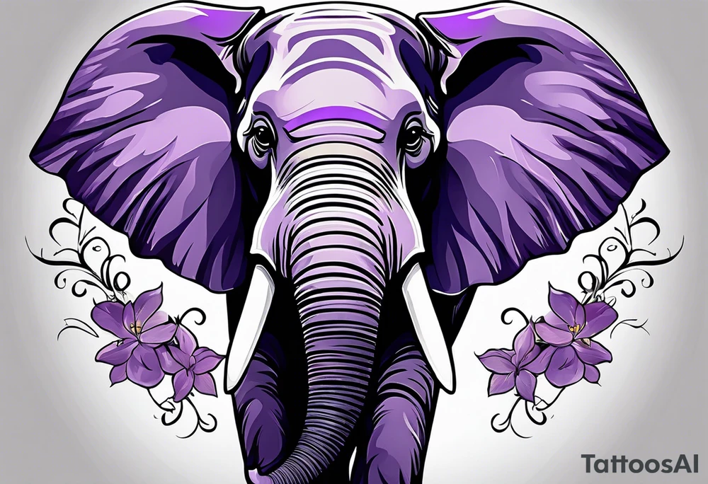 Elephant face covered in lilacs tattoo idea