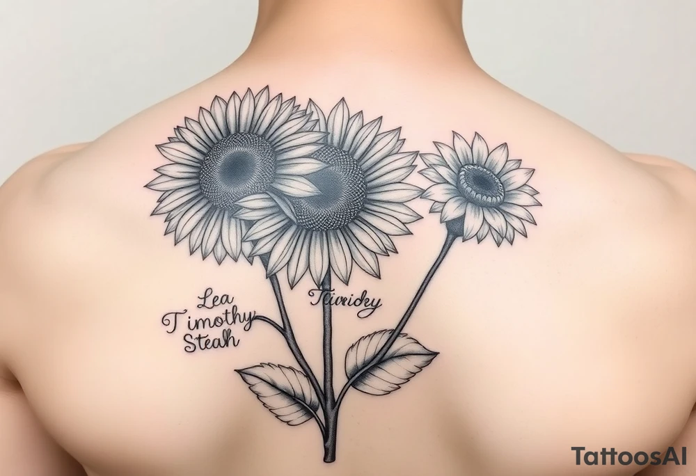 Sunflower chrysanthemum and marigold with the names Lea Timothy and Stanley in the stems tattoo idea