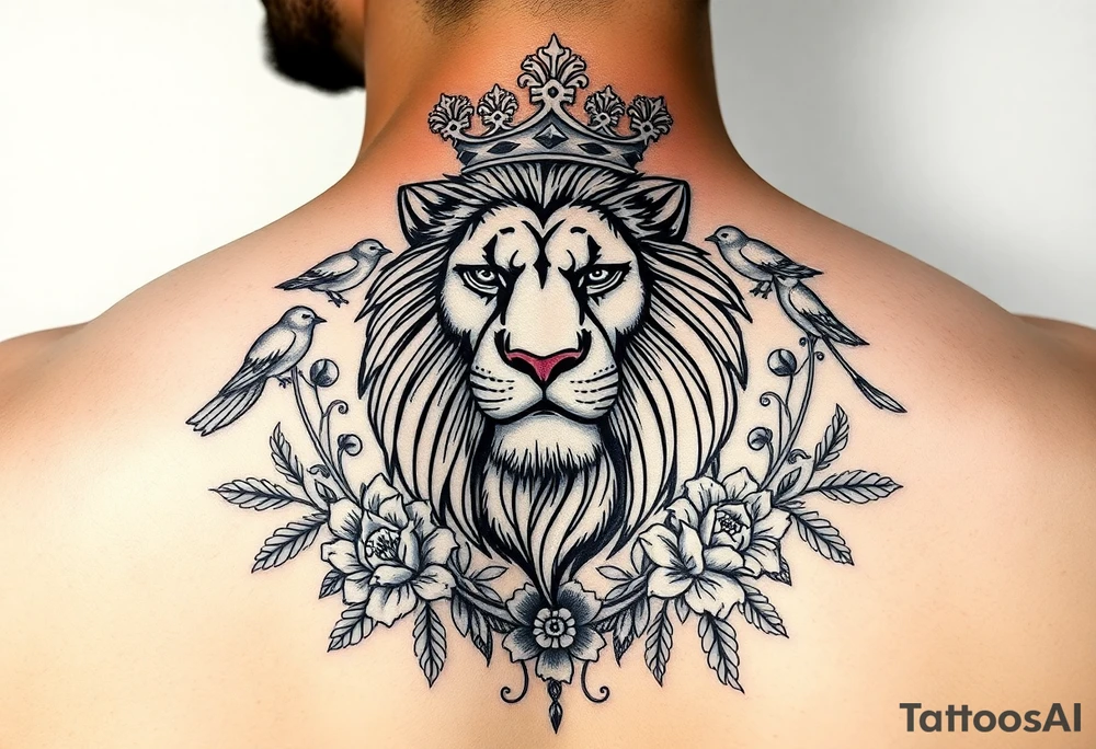 powerful majestic lion with a crown, surrounded by floral ornaments and birds tattoo idea