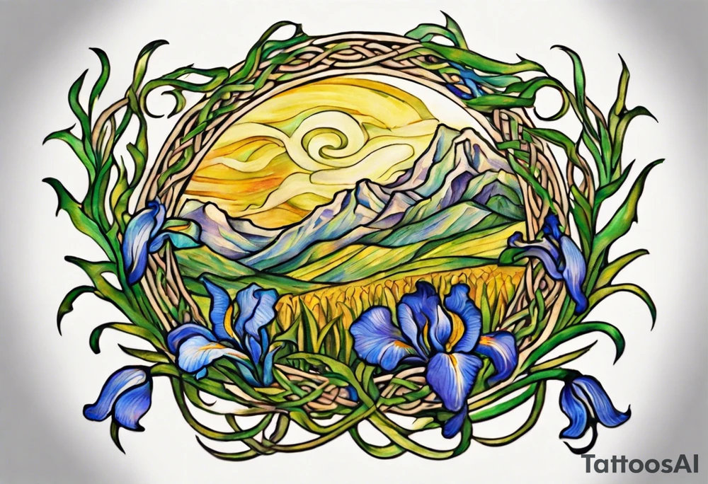 Create a colorful Vincent van Gogh's Irises tattoo, with vines in Celtic knots gracefully holding mountains in a wreath. The intended placement is on the upper chest. The overall design should be small in size while maintaining a delicate and artistic aesthetic. Pay attention to the graceful flow of the vines and the placement of the irises to achieve a refined and elegant look. tattoo idea