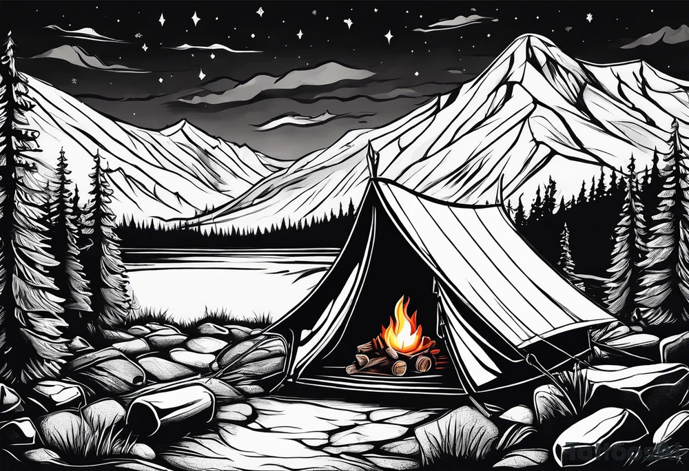 tent and camp fire with stone seating 
forest mountains and the northern lights in the sky tattoo idea