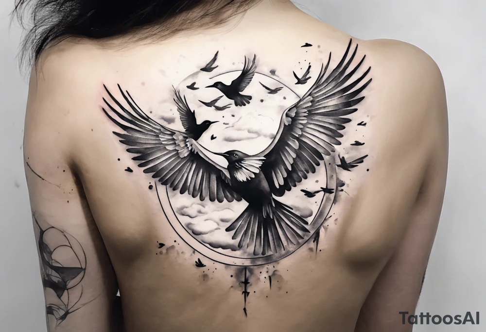 shoulder tattoo with light rays with birds flying free among the clouds, round shape, 3d effect tattoo idea