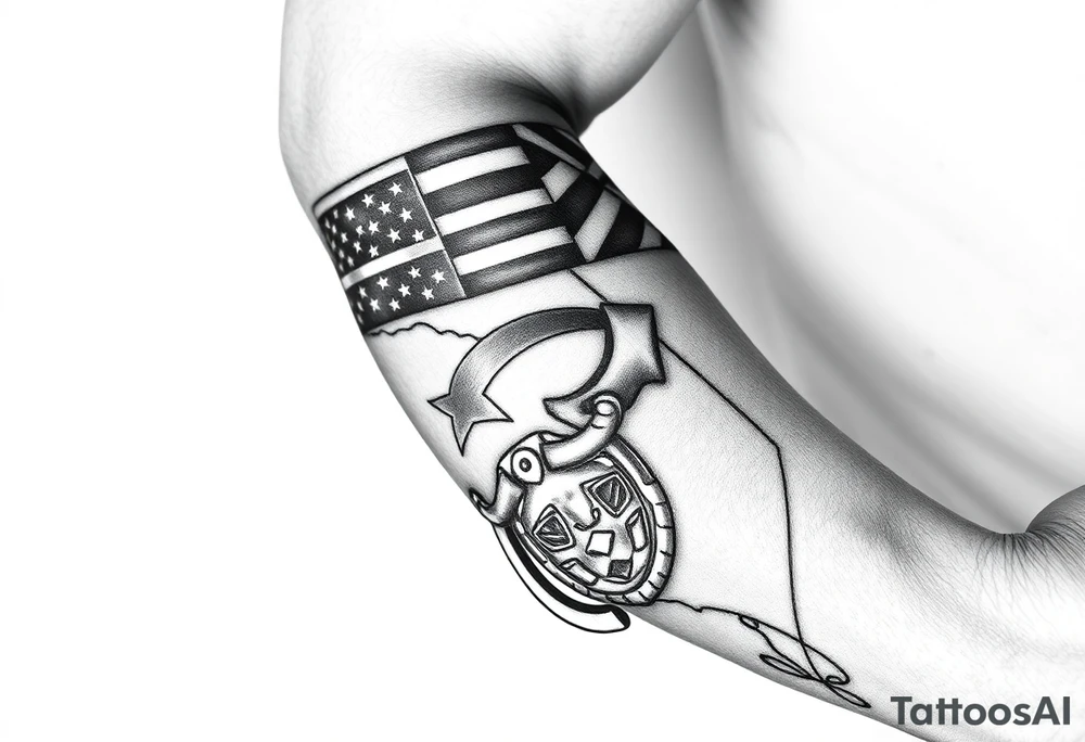 Revolver, American flag, state of florida, grenade, horseshoe, bulldog and blended into a half forearm sleeve with designed filling for a full sleeve tattoo idea
