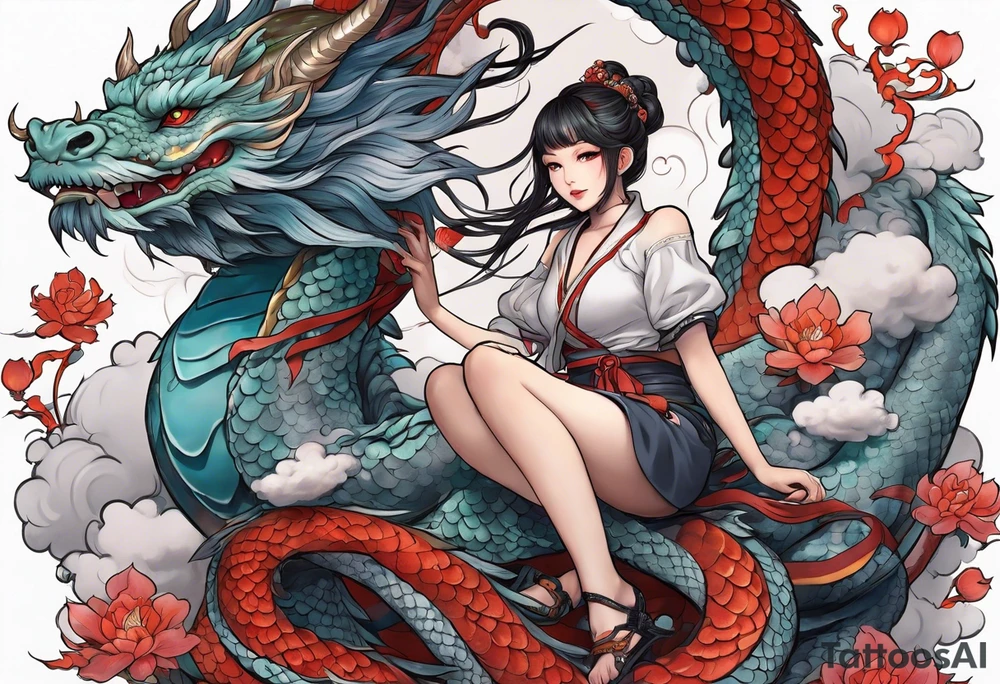 american traditional style, an anime girl sitting on a asian dragon surrounded by cloud tattoo idea