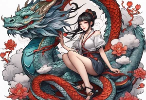american traditional style, an anime girl sitting on a asian dragon surrounded by cloud tattoo idea